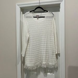 Chicos size 3 white stretchy cotton tunic sweater with fringe bottom